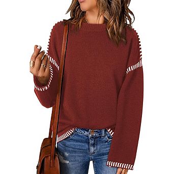 Women Contrast Sweater Crewneck Long Sleeve Knitted Tops
