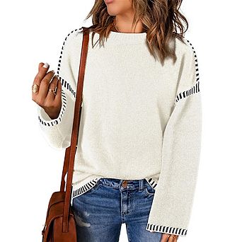 Women Contrast Sweater Crewneck Long Sleeve Knitted Tops