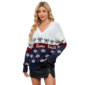 Women Christmas Pullover Sweater Contrast Color Casual Knitted Top