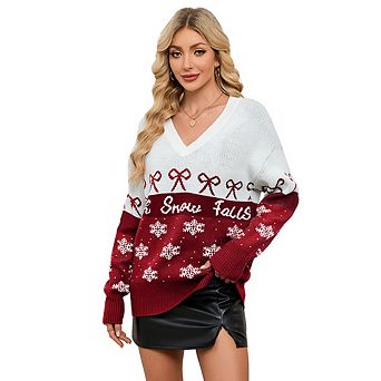 Women Christmas Pullover Sweater Contrast Color Casual Knitted Top