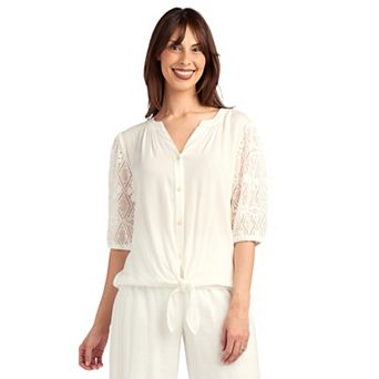 Women's AB Studio Lace Trim Button Front Top