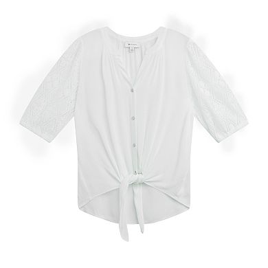 Women's AB Studio Lace Trim Button Front Top