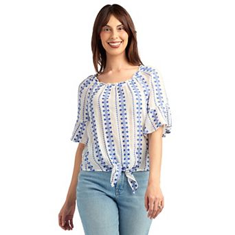 Women’s AB Studio Printed Tie-Front Bell Sleeve Top