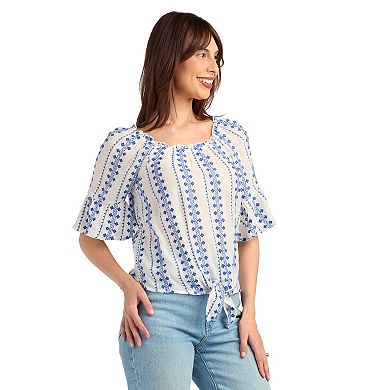 Women’s AB Studio Printed Tie-Front Bell Sleeve Top