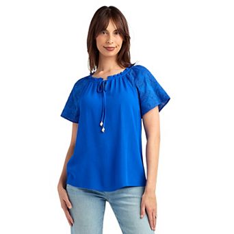 Women's AB Studio Split Neck Ruffle Detail Top