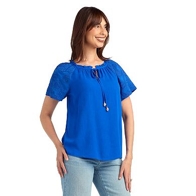 Women's AB Studio Split Neck Ruffle Detail Top