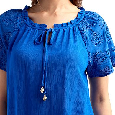 Women's AB Studio Split Neck Ruffle Detail Top