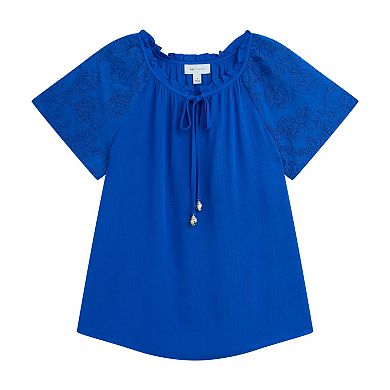 Women's AB Studio Split Neck Ruffle Detail Top