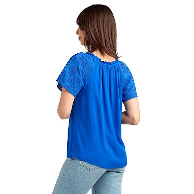 Women's AB Studio Split Neck Ruffle Detail Top