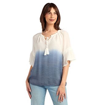 Women's AB Studio Elbow Bell Sleeve Ruffle Neck Top
