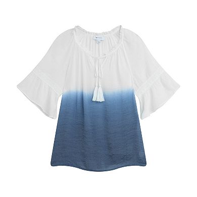 Women's AB Studio Elbow Bell Sleeve Ruffle Neck Top