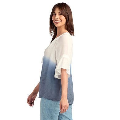 Women's AB Studio Elbow Bell Sleeve Ruffle Neck Top