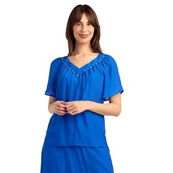 Women's AB Studio Flutter Lace Trim V-Neck Top