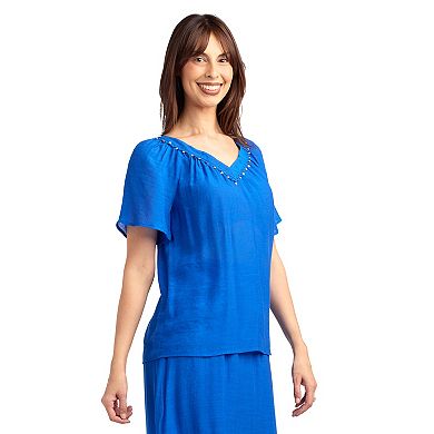 Women's AB Studio Flutter Lace Trim V-Neck Top