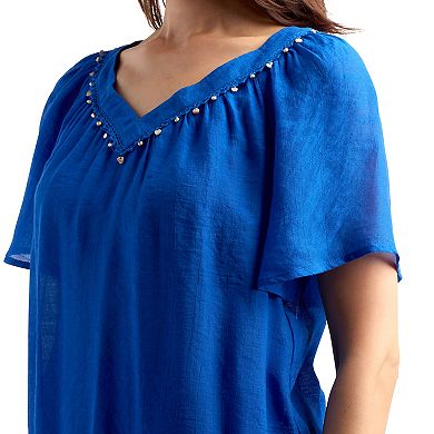 Women's AB Studio Flutter Lace Trim V-Neck Top