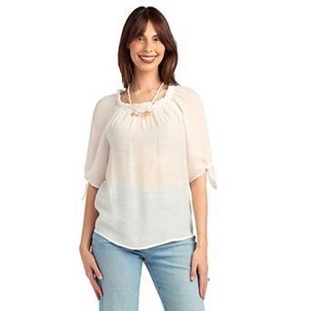 Women's AB Studio Elbow Sleeve Wide Trim Tie Front Blouse with Necklace