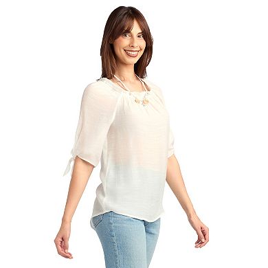 Women's AB Studio Elbow Sleeve Wide Trim Tie Front Blouse with Necklace