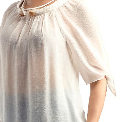 Women's AB Studio Elbow Sleeve Wide Trim Tie Front Blouse with Necklace