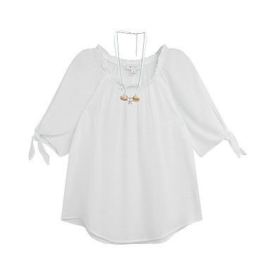 Women's AB Studio Elbow Sleeve Wide Trim Tie Front Blouse with Necklace