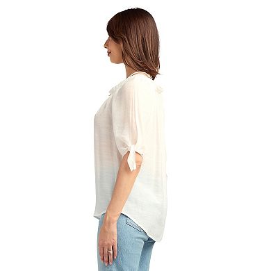 Women's AB Studio Elbow Sleeve Wide Trim Tie Front Blouse with Necklace