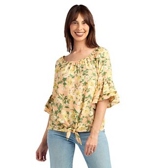 Women's AB Studio Flounce Elbow Sleeve Tie Hem Peasant Top