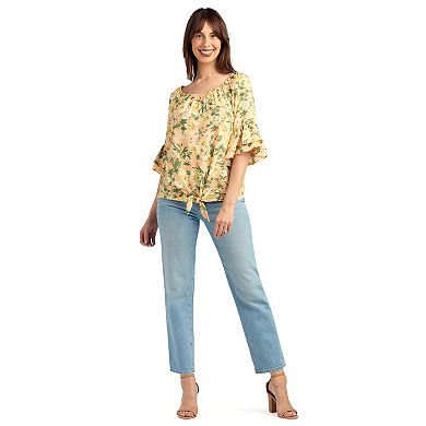 Women's AB Studio Flounce Elbow Sleeve Tie Hem Peasant Top