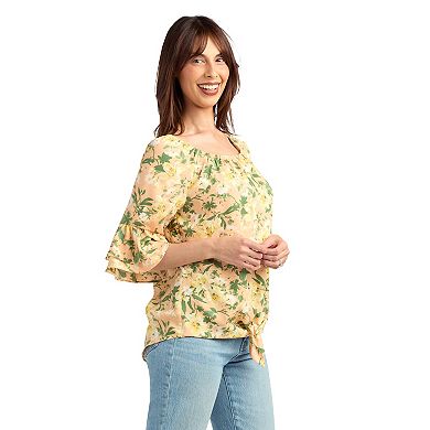 Women's AB Studio Flounce Elbow Sleeve Tie Hem Peasant Top