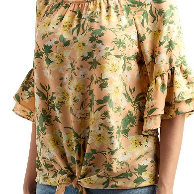 Women's AB Studio Flounce Elbow Sleeve Tie Hem Peasant Top