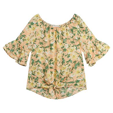 Women's AB Studio Flounce Elbow Sleeve Tie Hem Peasant Top