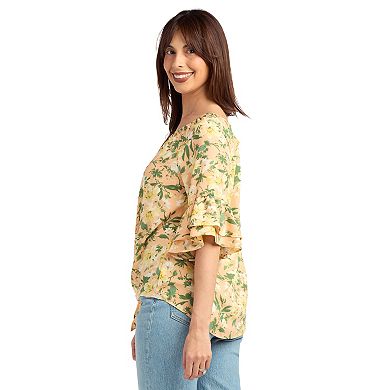 Women's AB Studio Flounce Elbow Sleeve Tie Hem Peasant Top