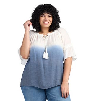 Plus Size AB Studio Elbow Bell Sleeve Ruffle Neck Top