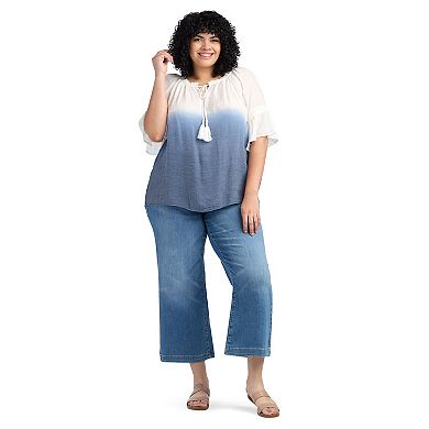 Plus Size AB Studio Elbow Bell Sleeve Ruffle Neck Top