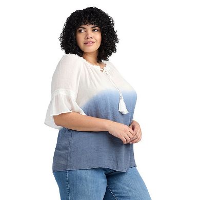 Plus Size AB Studio Elbow Bell Sleeve Ruffle Neck Top