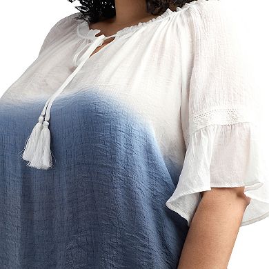 Plus Size AB Studio Elbow Bell Sleeve Ruffle Neck Top