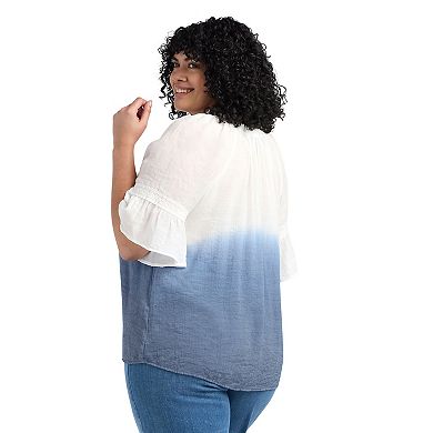 Plus Size AB Studio Elbow Bell Sleeve Ruffle Neck Top