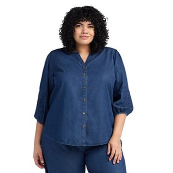 Plus Size AB Studio Three-Quarter Blouson Sleeve Tie Front Top