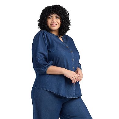Plus Size AB Studio Three-Quarter Blouson Sleeve Tie Front Top