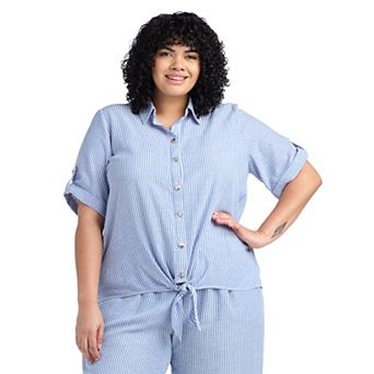 Plus Size AB Studio Armhole Collared Front Tie Hem Shirt