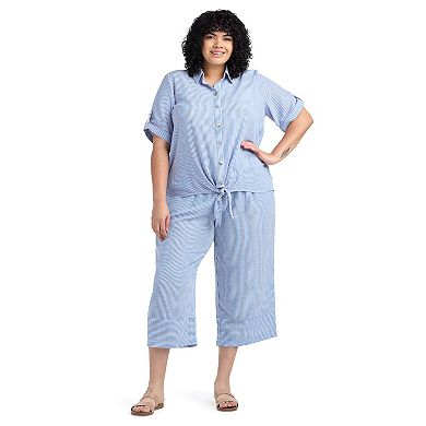 Plus Size AB Studio Armhole Collared Front Tie Hem Shirt