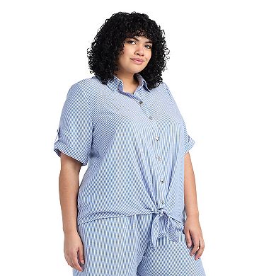 Plus Size AB Studio Armhole Collared Front Tie Hem Shirt