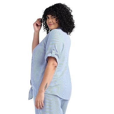 Plus Size AB Studio Armhole Collared Front Tie Hem Shirt