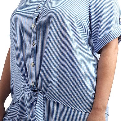 Plus Size AB Studio Armhole Collared Front Tie Hem Shirt