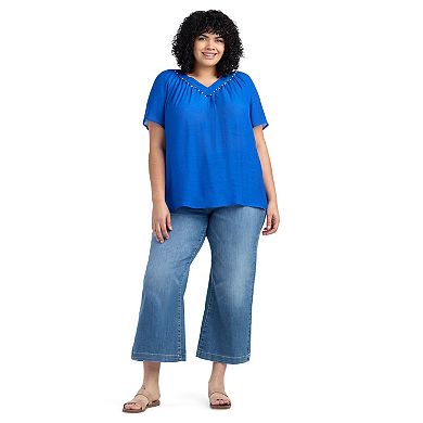 Plus Size AB Studio Flutter Lace Trim V-Neck Top