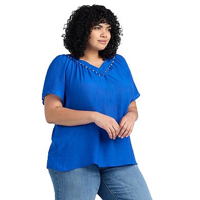 Plus Size AB Studio Flutter Lace Trim V-Neck Top