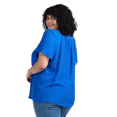 Plus Size AB Studio Flutter Lace Trim V-Neck Top