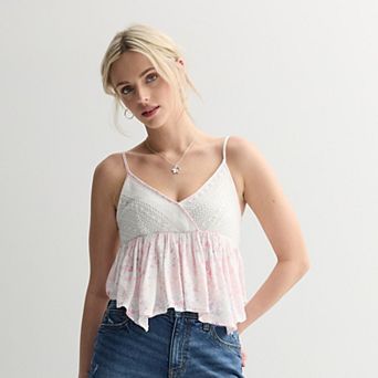 Juniors' madden girl Crochet Lace Surplice Babydoll Handkerchief Hem Cami Top