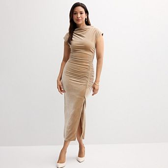 Women's Robbie Bee High Neck Ruched Velvet Midi Dress
