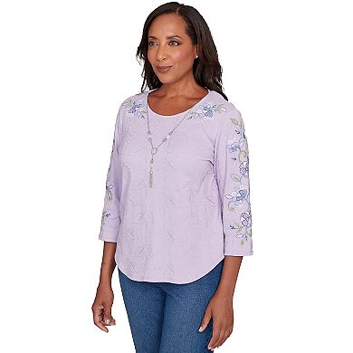 Women's Alfred Dunner Embroidered Sleeve Textured Top with Necklace