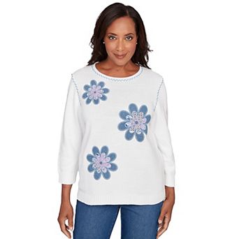 Women's Alfred Dunner Quilted Denim Applique Flower Sweater