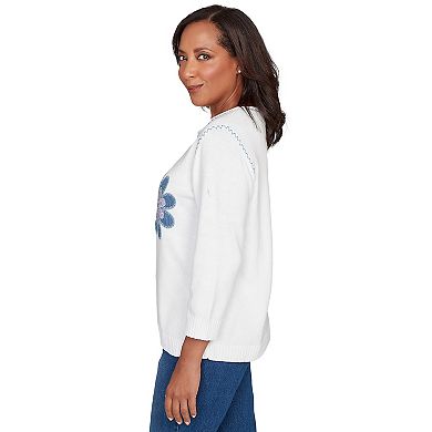 Women's Alfred Dunner Quilted Denim Applique Flower Sweater